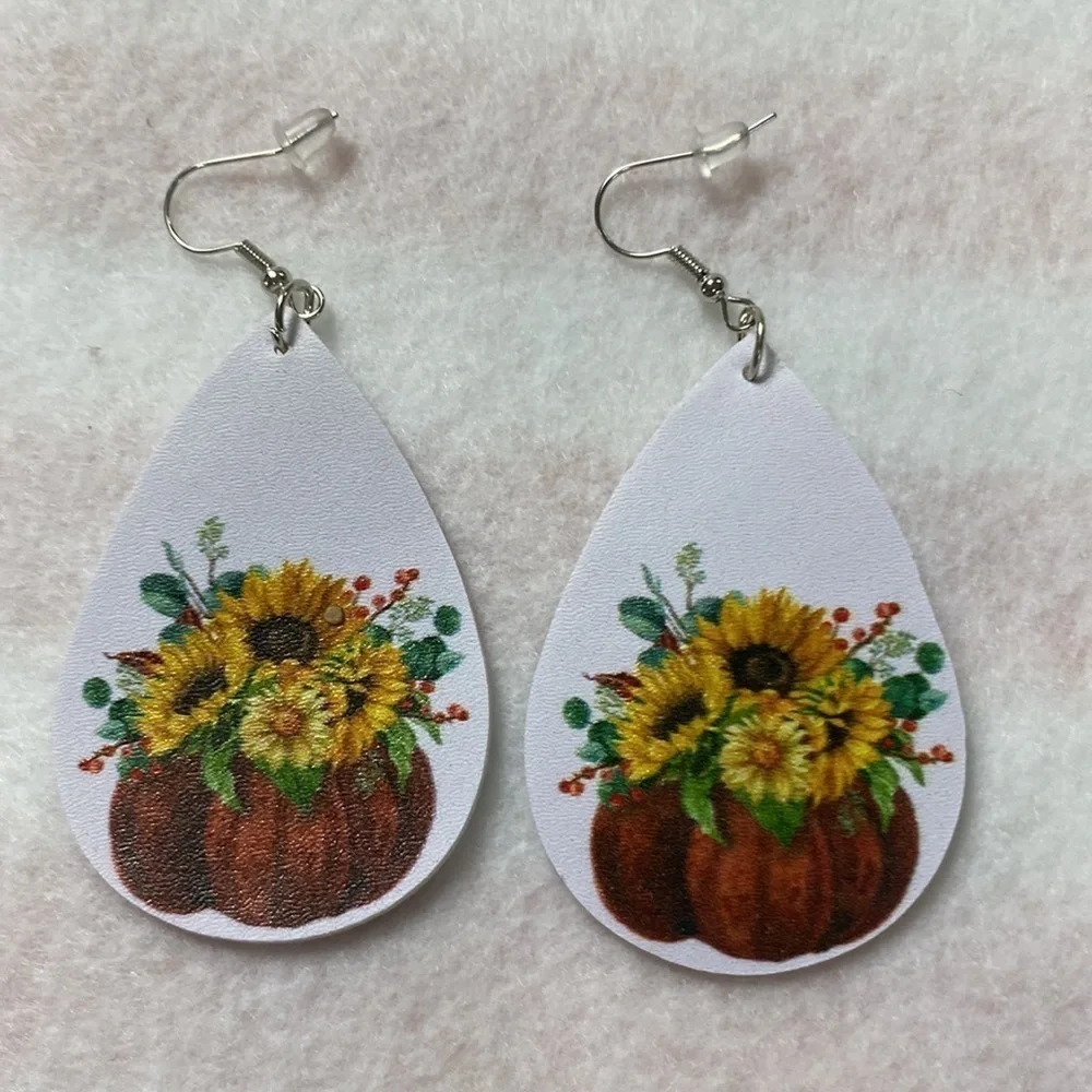 Faux Leather Teardrop Sunflower Earrings Printed both sides (CO)